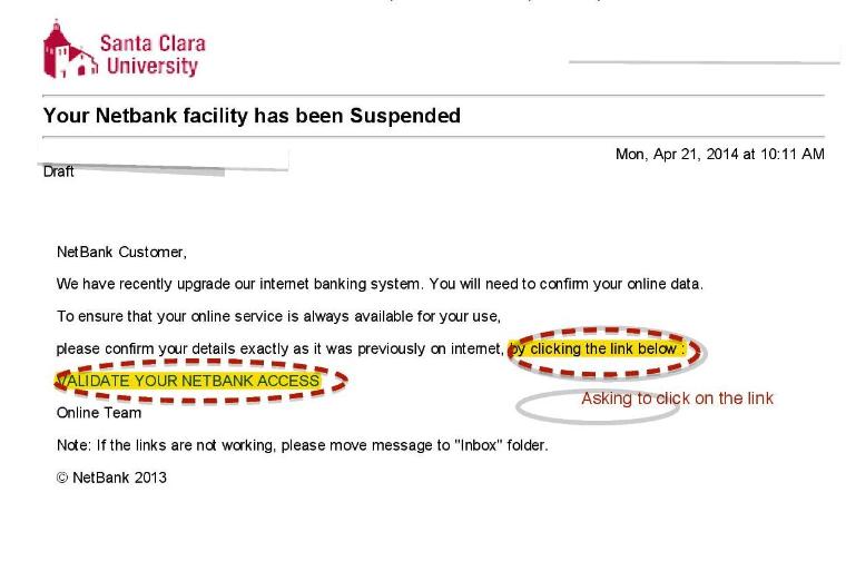 Email phishing for bank account account suspension confirmation